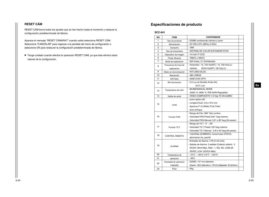 Samsung SCC-641P manual Especificaciones de producto, Reset CÁM 