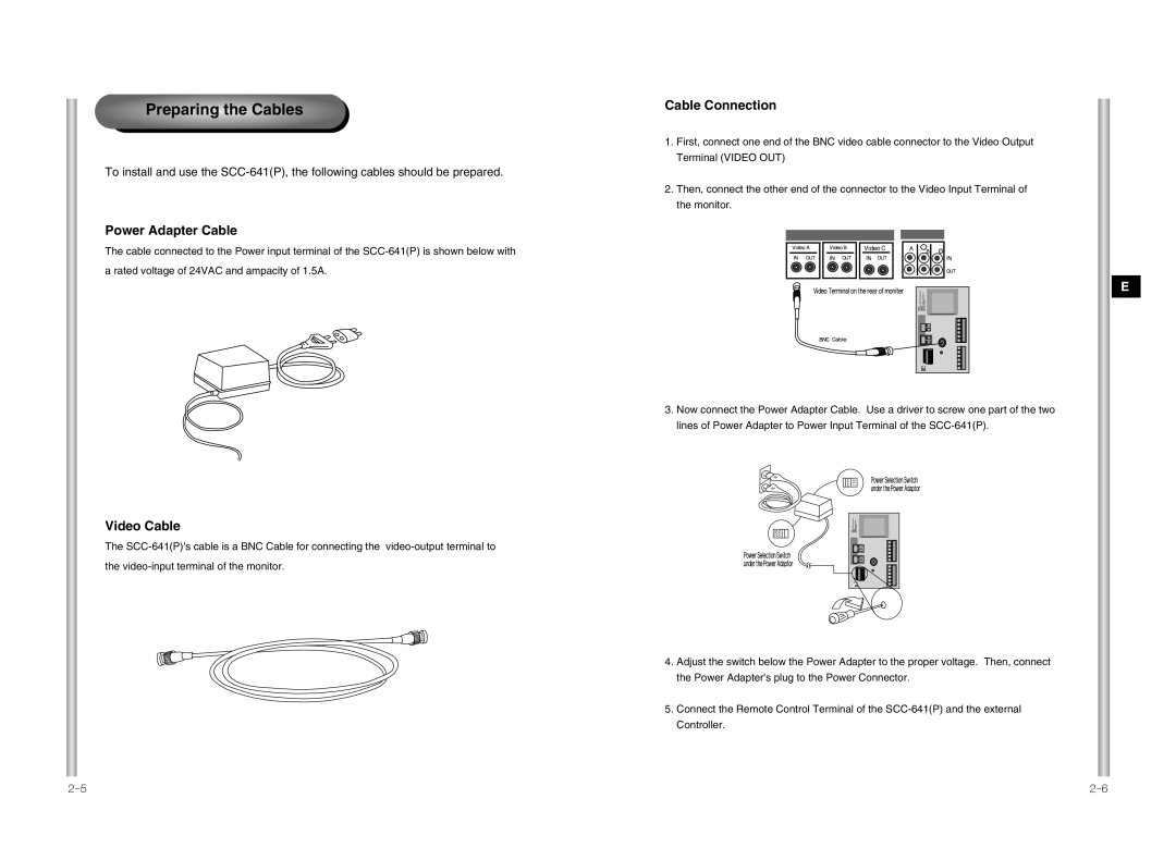 Samsung SCC-641P manual Power Adapter Cable, Video Cable, Cable Connection 