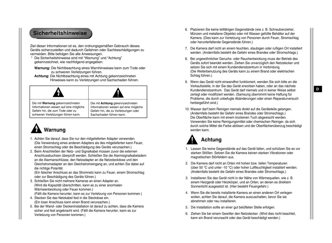 Samsung SCC-641P manual Sicherheitshinweise, Warnung, Achtung 