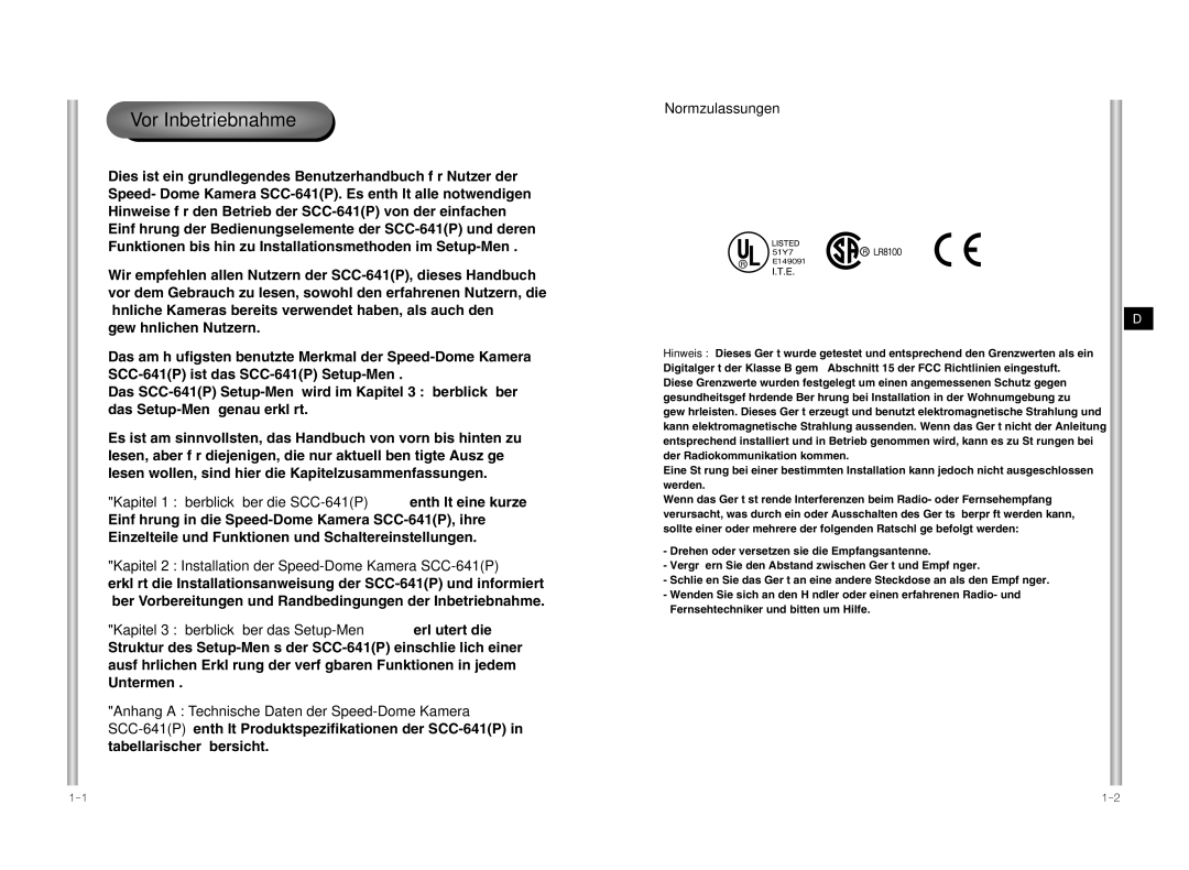 Samsung manual Vor Inbetriebnahme, Kapitel 1 Überblick über die SCC-641P enthält eine kurze 