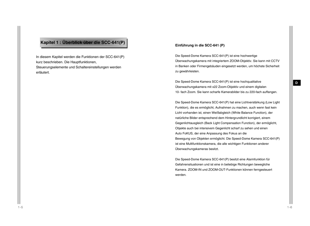 Samsung SCC-641P manual Kapit e l 1 Ü berblick über die S C C 64 1P, Einführung in die SCC-641 P 