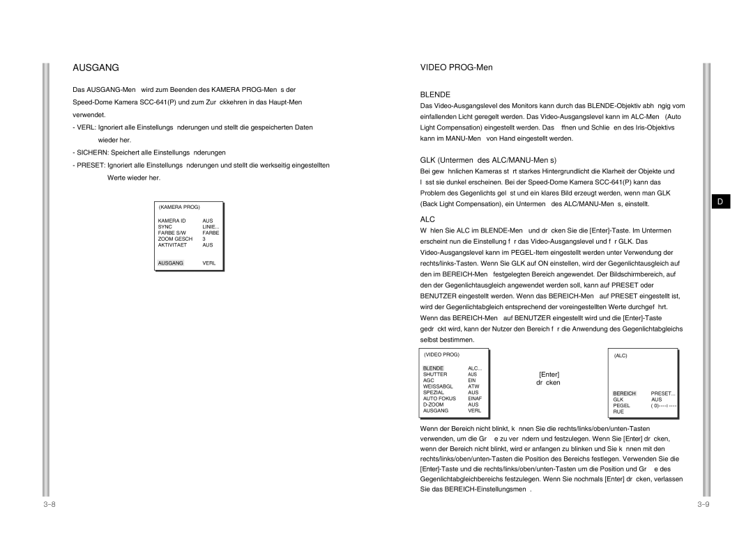 Samsung SCC-641P manual Video PROG-Menü, GLK Untermenü des ALC/MANU-Menüs 