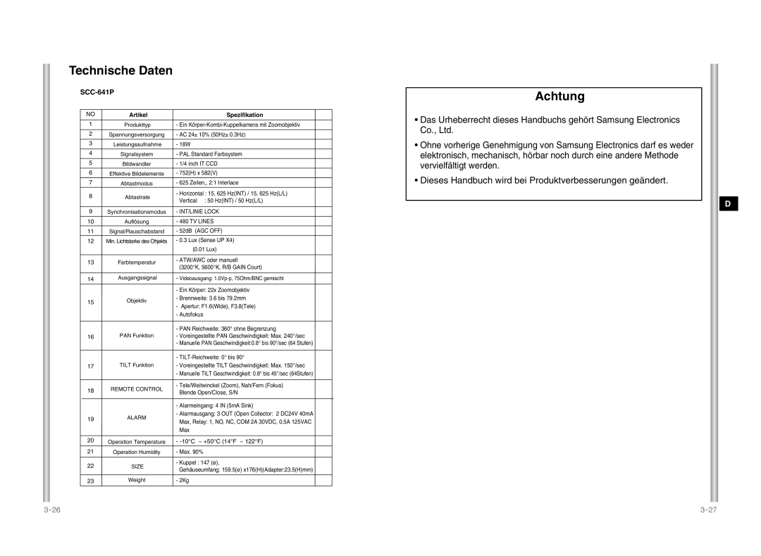 Samsung SCC-641P manual Artikel Spezifikation 