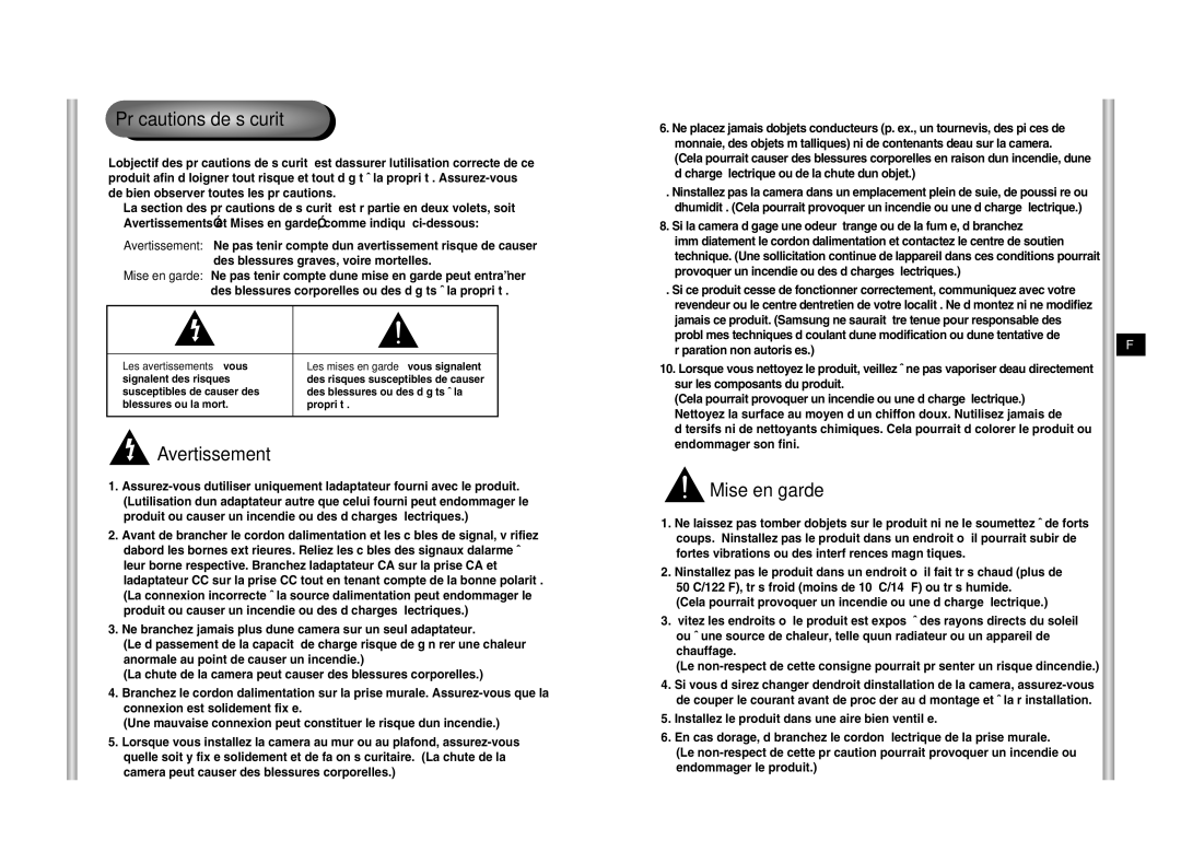 Samsung SCC-641P manual Précautions de sécurité, Avertissement, Mise en garde 