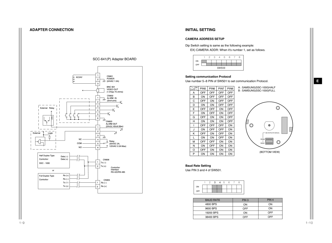 Samsung SCC-641P manual Adapter Connection Initial Setting, Setting communication Protocol, Baud Rate Setting 