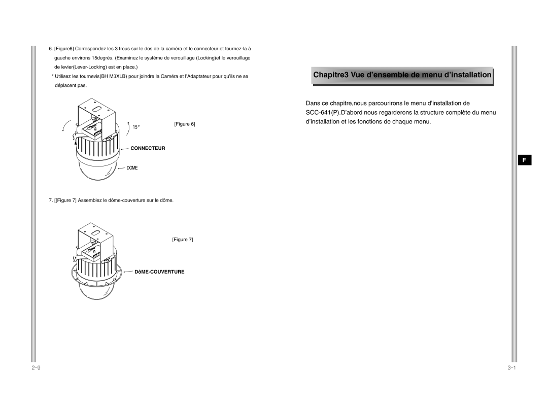 Samsung SCC-641P manual Chapitr e3 V ue d’e nsemble de menu d’installation, DôME-COUVERTURE 