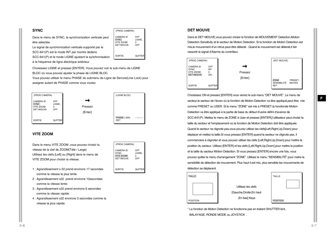 Samsung SCC-641P manual DET Mouve, Vite Zoom, Dans le menu de SYNC, la synchronization verticale peut, Être sélectée 