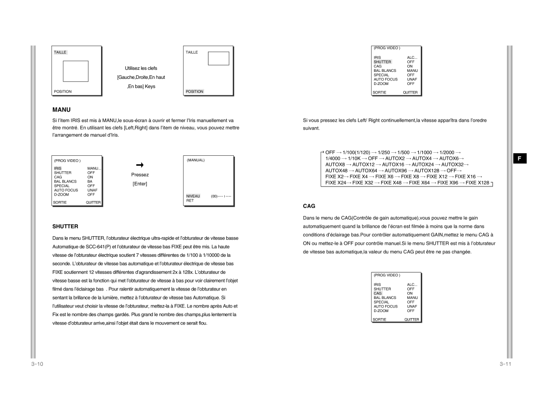 Samsung SCC-641P manual Manu, OFF 1/1001/120 250 500 1/1000 2000 4000 