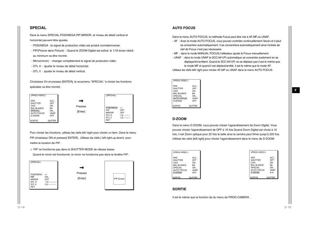 Samsung SCC-641P manual Soritie, Pressez, Il est le même que la fonction de du menu de Prog Camera 