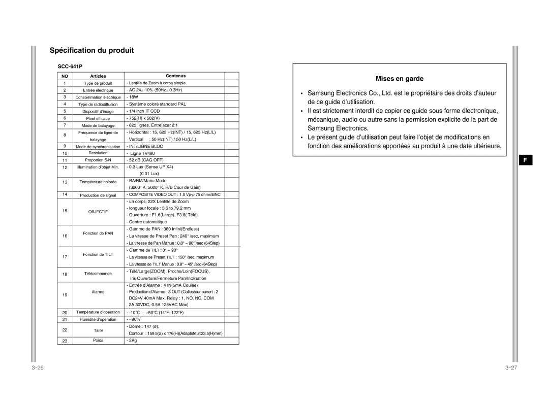 Samsung SCC-641P manual Mises en garde 