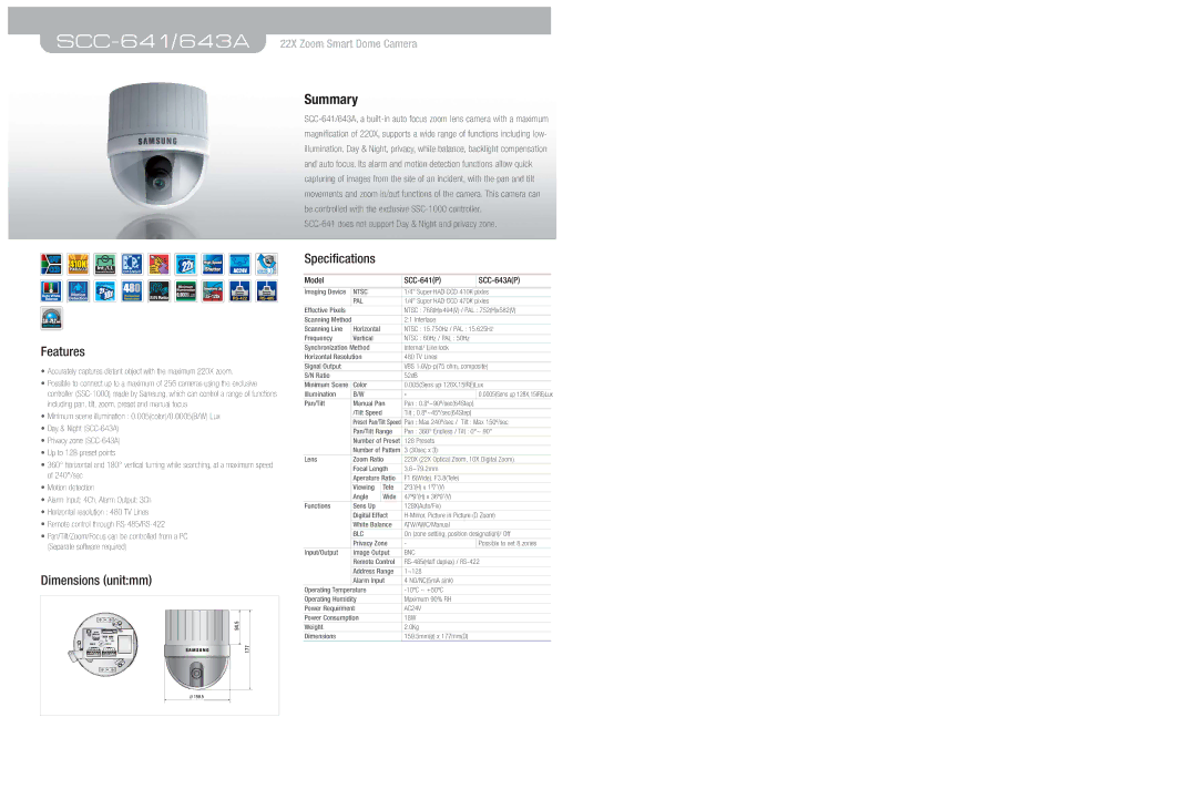 Samsung dimensions Summary, Features, Dimensions unitmm, Specifications, Model SCC-641P SCC-643AP 