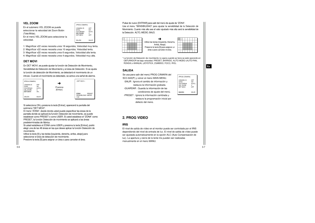 Samsung SCC-643AP manual VEL Zoom, DET Movi, Salida 