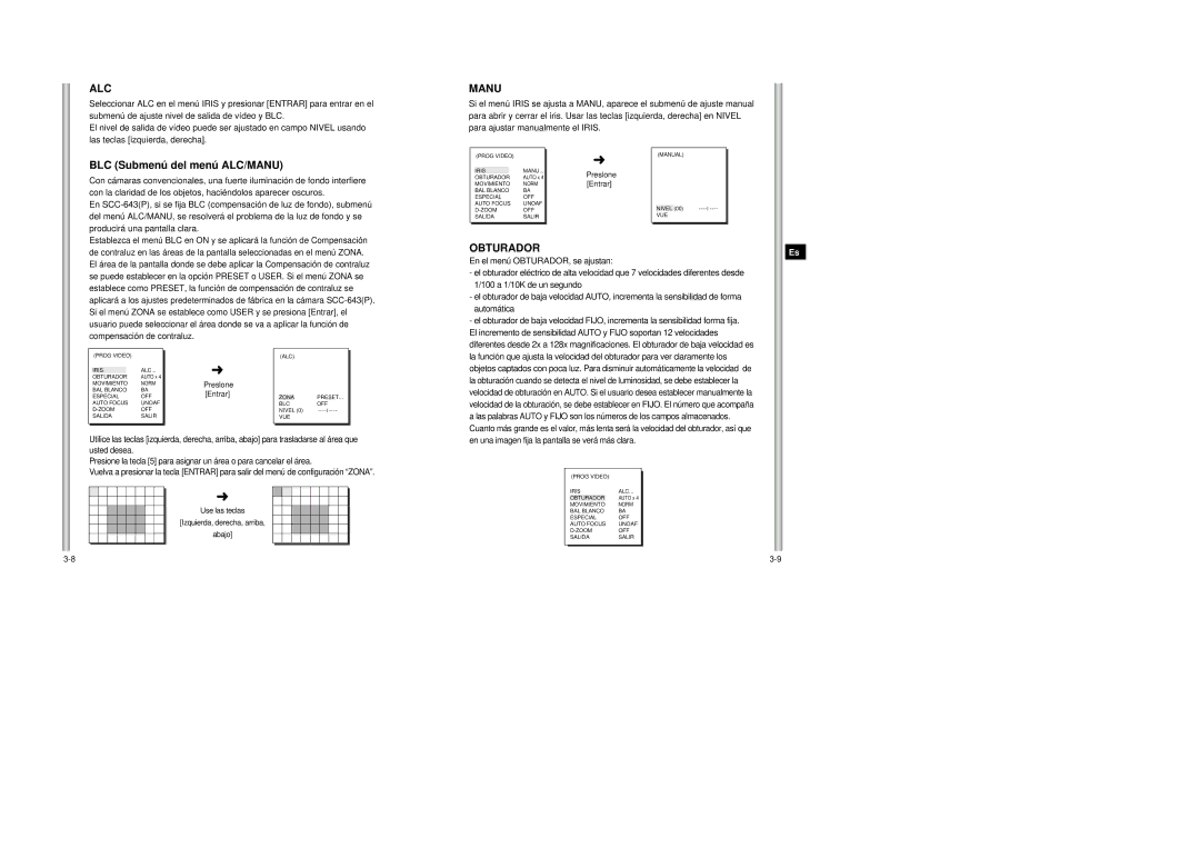 Samsung SCC-643AP manual BLC Submenú del menú ALC/MANU, Obturador, 100 a 1/10K de un segundo, Automática 