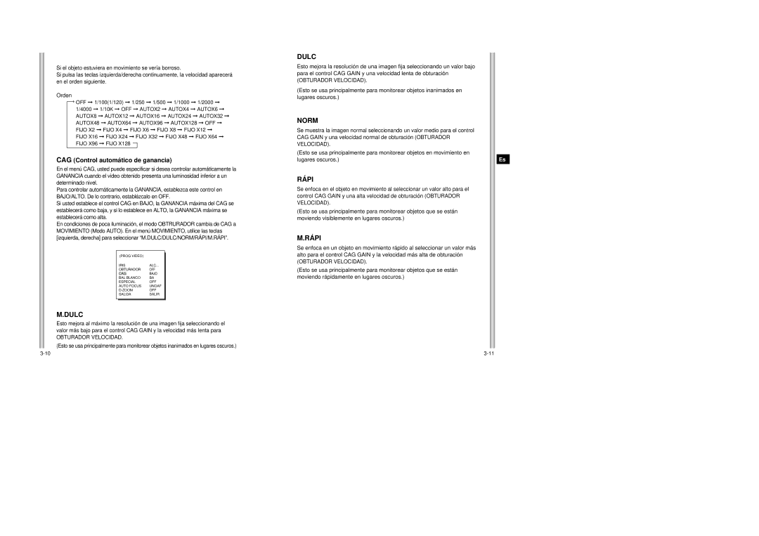 Samsung SCC-643AP manual Dulc, Rápi, CAG Control automático de ganancia, Orden 