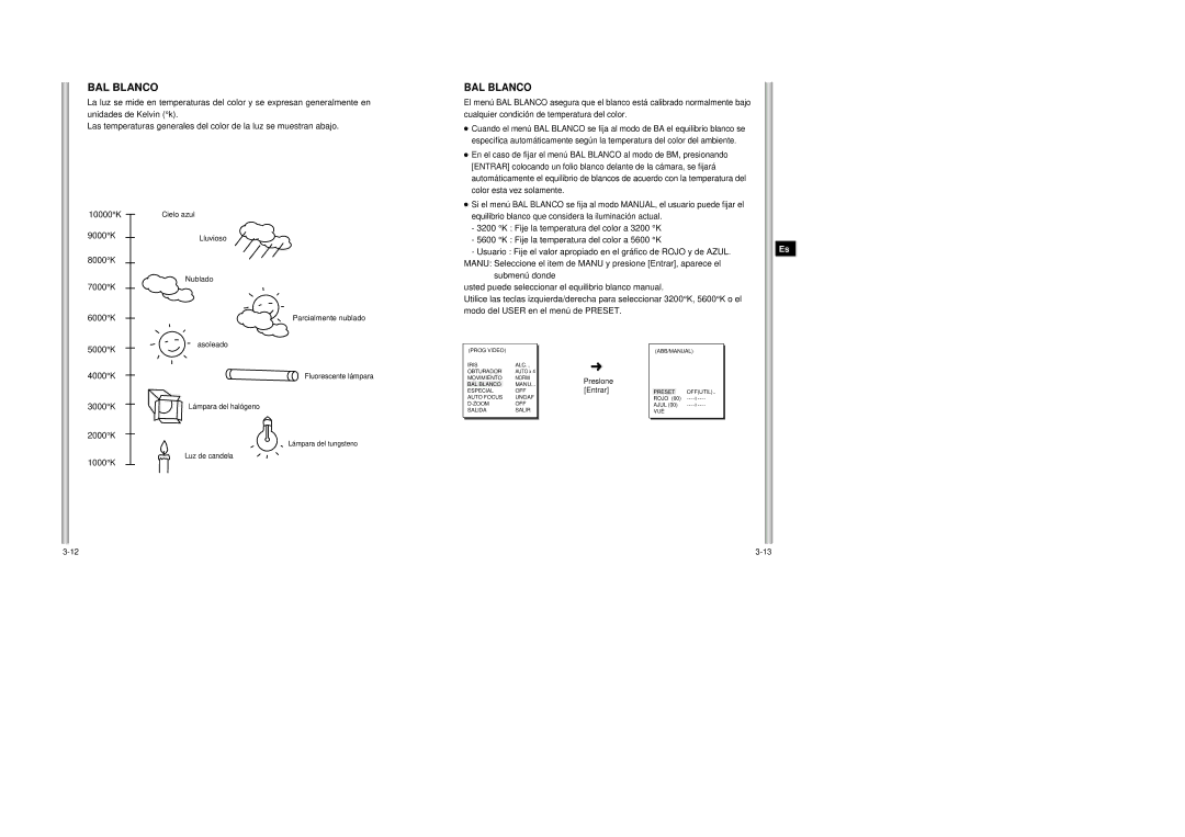 Samsung SCC-643AP manual BAL Blanco, 10000 K 9000 K 8000 K 7000 K 6000 K, Submenú donde, Modo del User en el menú de Preset 