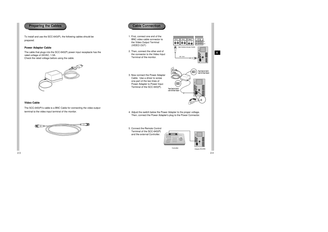 Samsung SCC-643AP Preparing the Cables, Cable Connection, Power Adapter Cable, Video Cable, Connect the Remote Control 