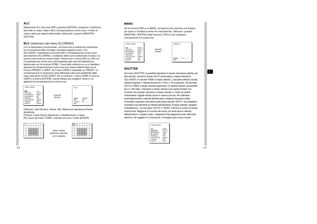 Samsung SCC-643AP manual BLC sottomenù del menù ALC/MANU, Usare i pulsanti 