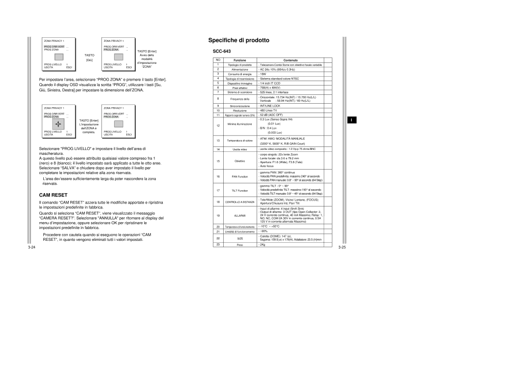 Samsung SCC-643AP manual Specifiche di prodotto, Completare le impostazioni relative alla zona riservata, Giù 