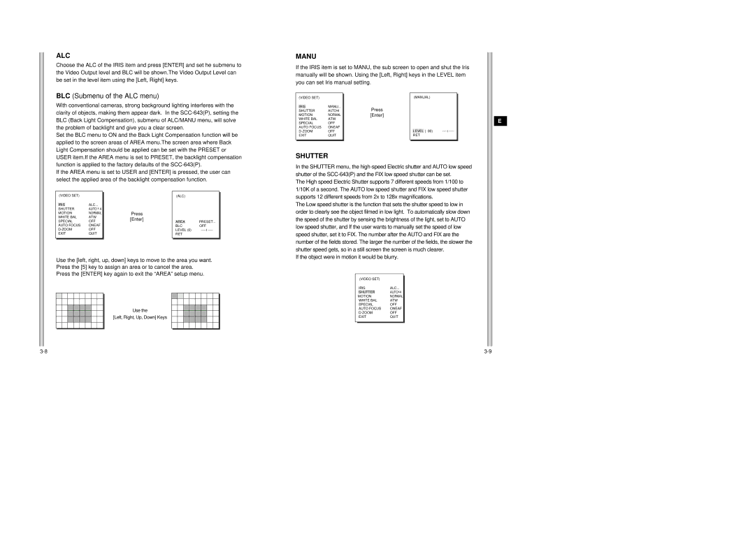 Samsung SCC-643AP manual Alc, Manu, Shutter, Press the Enter key again to exit the Area setup menu 