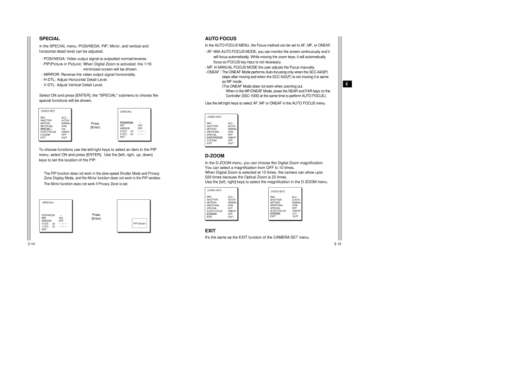 Samsung SCC-643AP manual Special, Auto Focus, Zoom, POSI/NEGA Video output signal is outputted normal/reverse 