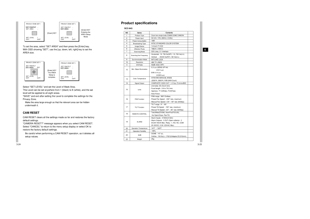 Samsung SCC-643AP manual Product specifications, CAM Reset, Select SET Level and set the Level of Mask Area 