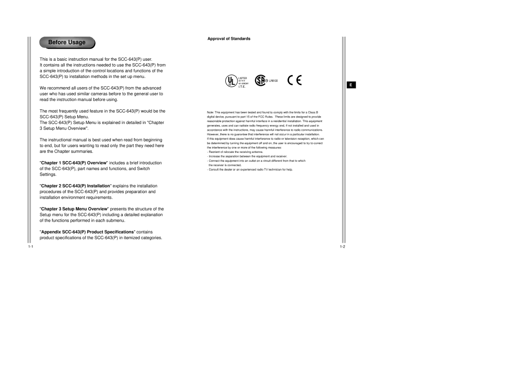 Samsung SCC-643AP manual Before Usage, SCC-643P, part names and functions, and Switch, Explains the installation 