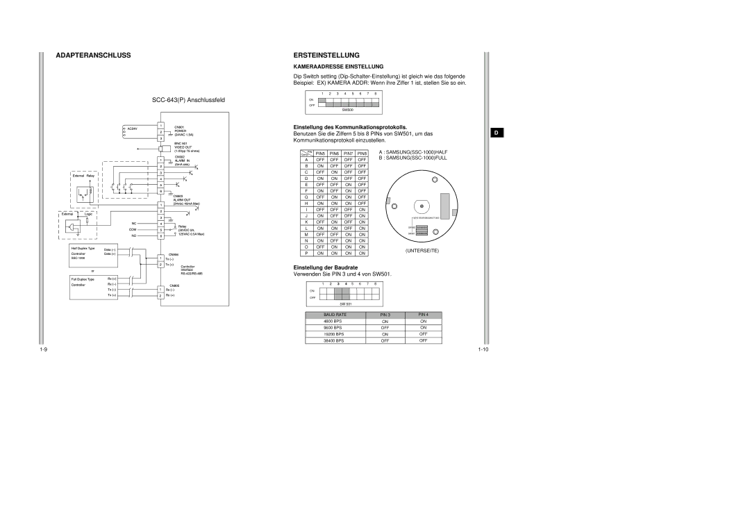 Samsung SCC-643AP manual Verwenden Sie PIN 3 und 4 von SW501, Benutzen Sie die Ziffern 5 bis 8 PINs von SW501, um das 