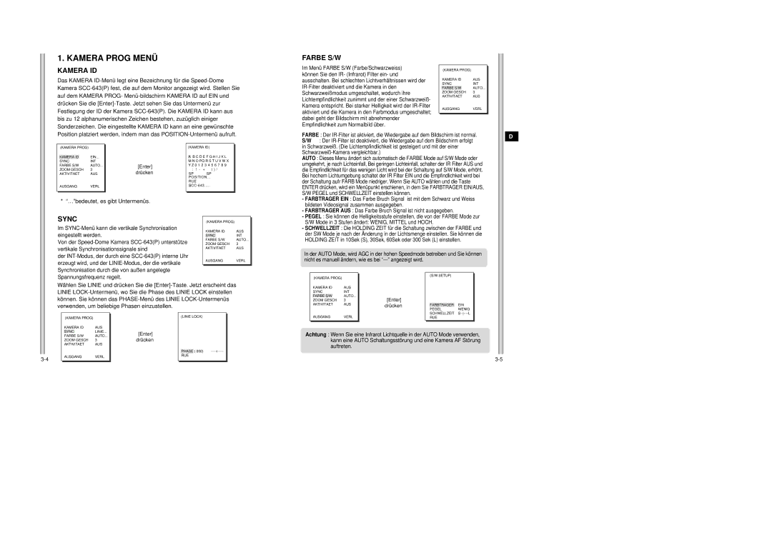 Samsung SCC-643AP manual Kamera Prog Menü, Kamera ID, Farbe S/W, …bedeutet, es gibt Untermenüs 