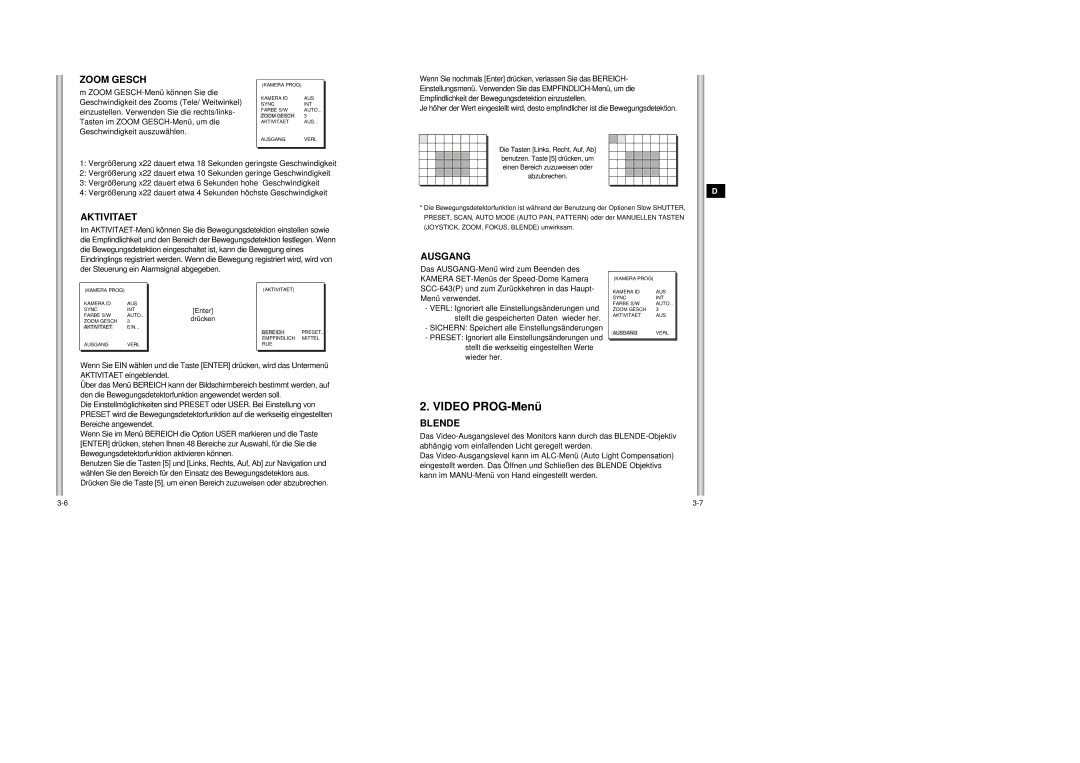 Samsung SCC-643AP manual Video PROG-Menü, Zoom Gesch, Aktivitaet, Ausgang, Blende 