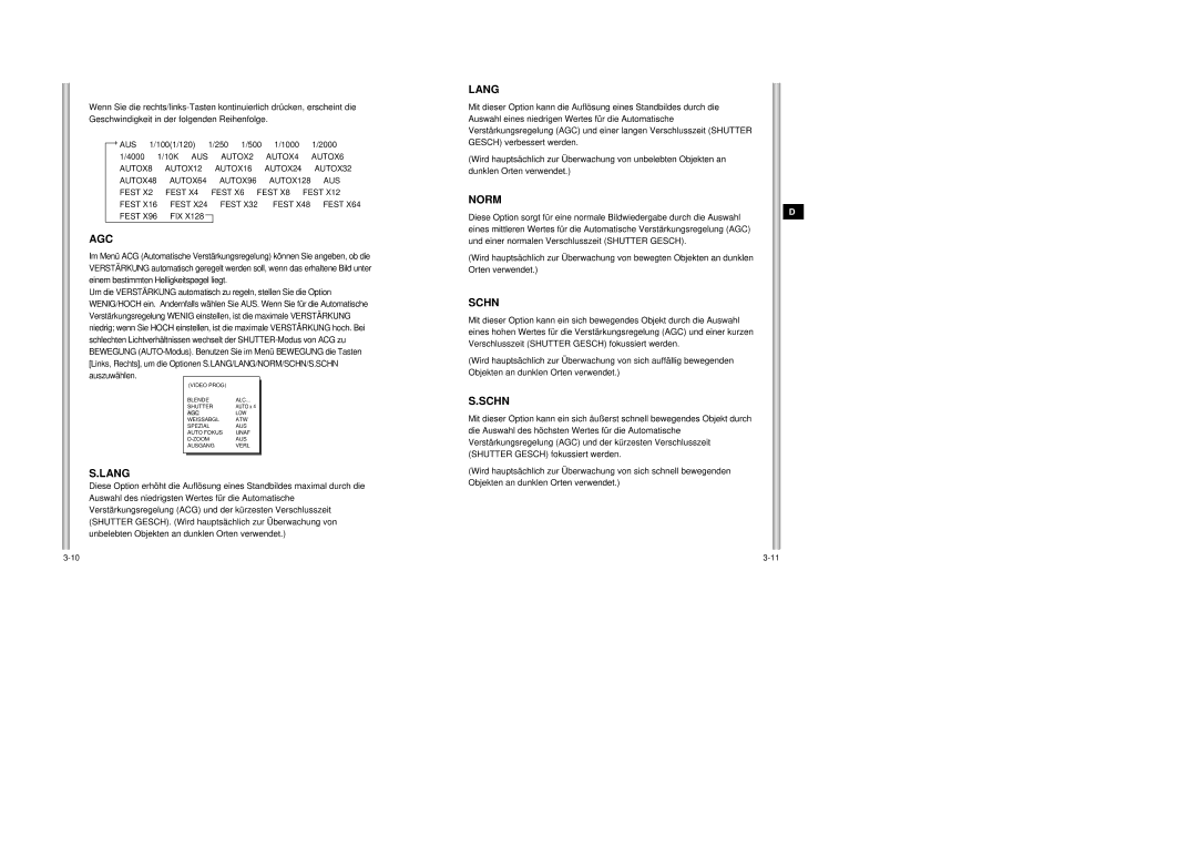 Samsung SCC-643AP manual Lang, Norm, Schn, Fest 