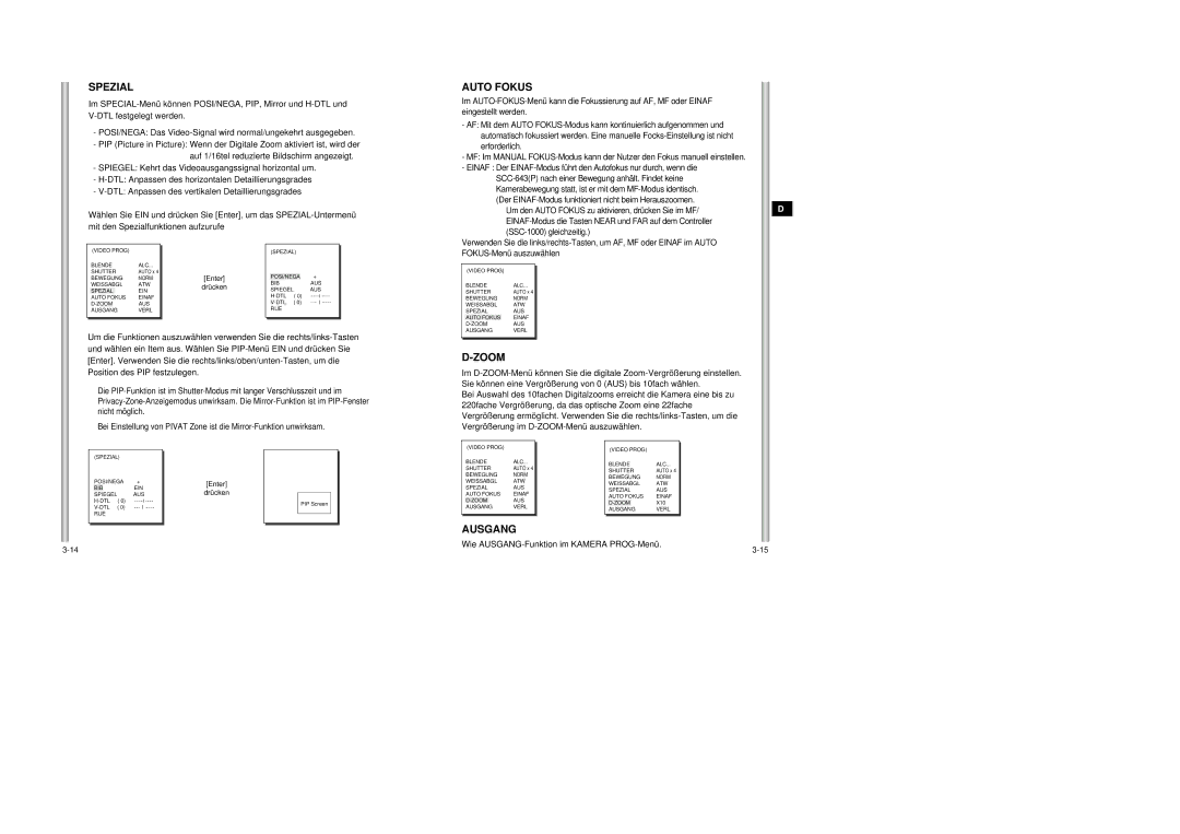 Samsung SCC-643AP Spezial, Auto Fokus, POSI/NEGA Das Video-Signal wird normal/ungekehrt ausgegeben, SSC-1000 gleichzeitig 