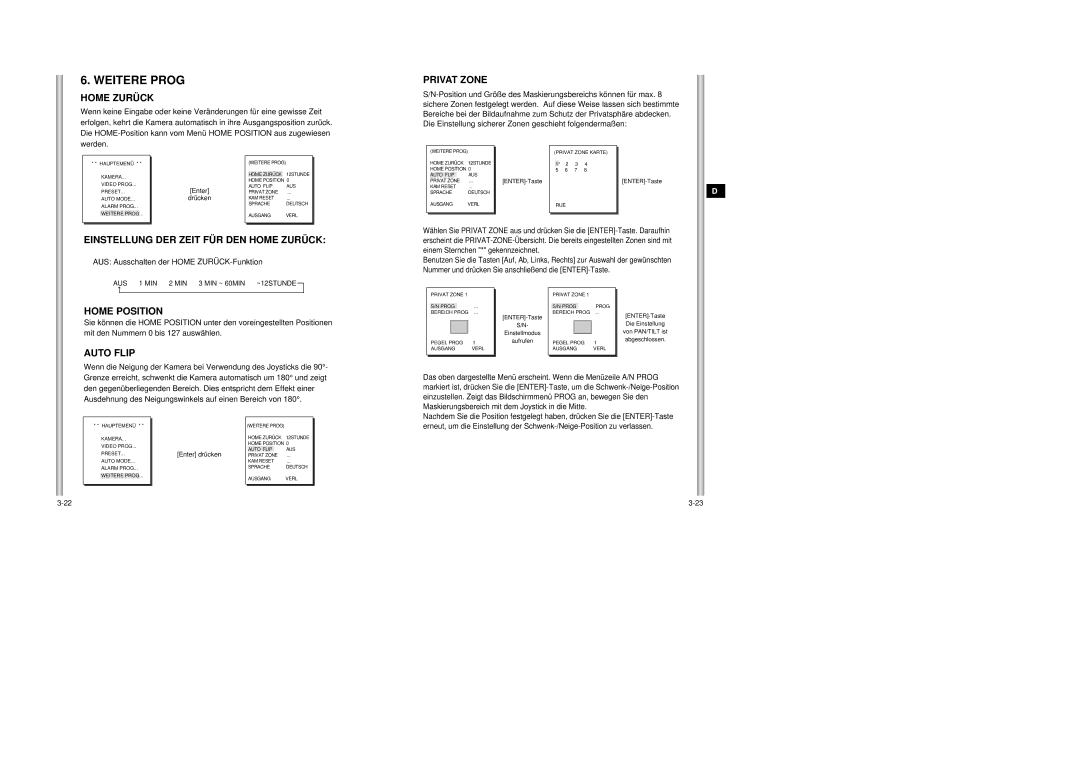 Samsung SCC-643AP manual Weitere Prog, Privat Zone, Einstellung DER Zeit FÜR DEN Home Zurück 