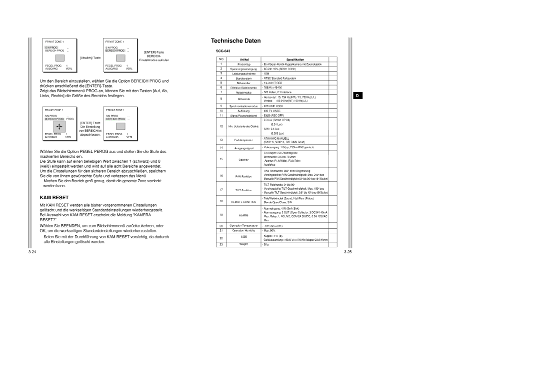 Samsung SCC-643AP manual Technische Daten, KAM Reset, Alle Einstellungen gelöscht werden, Abwärts-Taste 