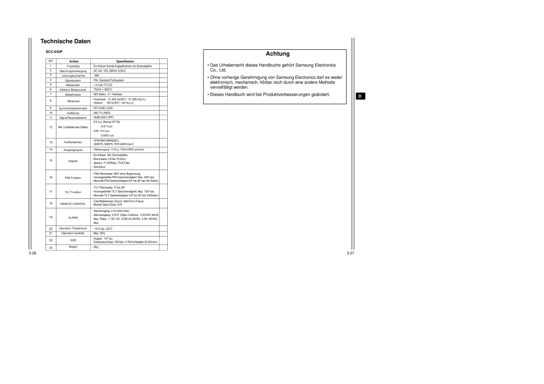 Samsung SCC-643AP manual Achtung, Artikel Spezifikation 