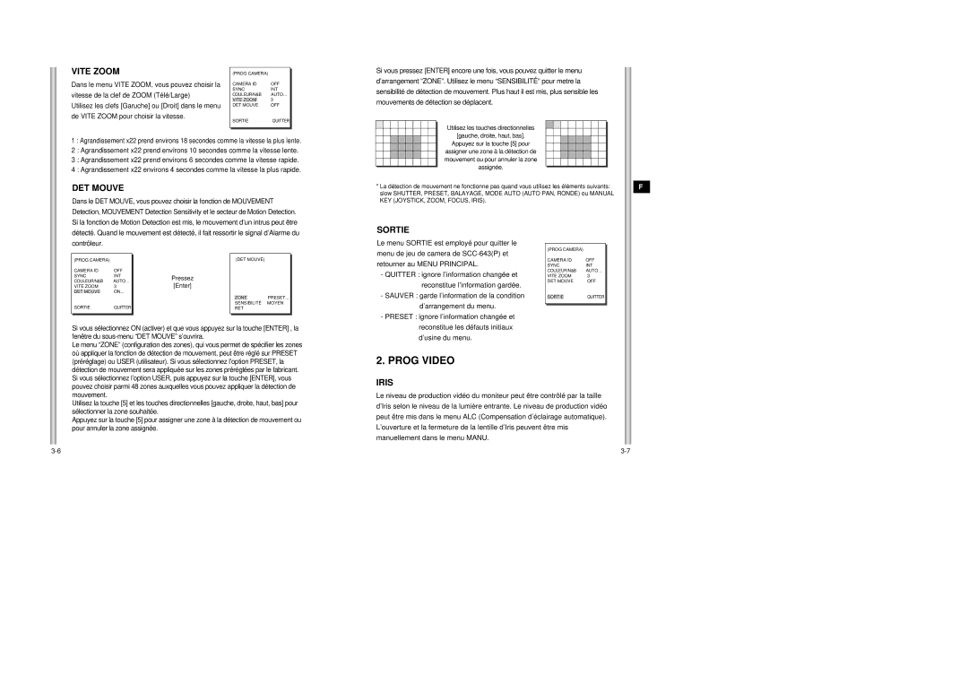 Samsung SCC-643AP manual Prog Video, Vite Zoom, DET Mouve, Sortie, ’usine du menu 