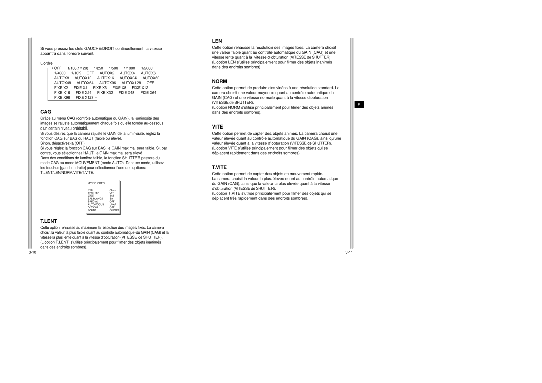 Samsung SCC-643AP manual Cag, Lent, Vite 