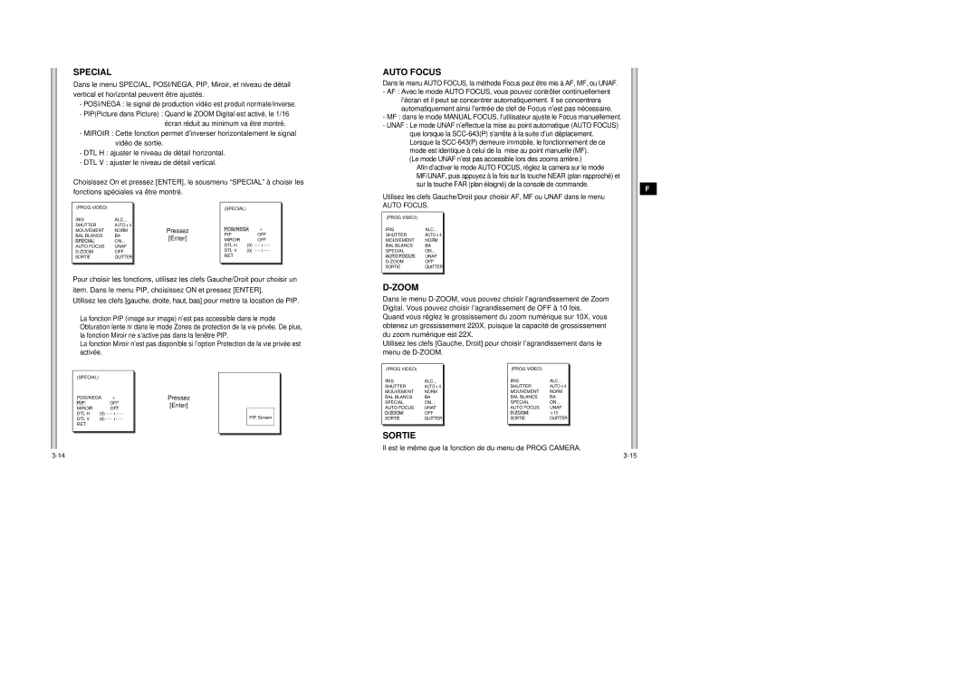 Samsung SCC-643AP manual Il est le même que la fonction de du menu de Prog Camera, Auto Focus 