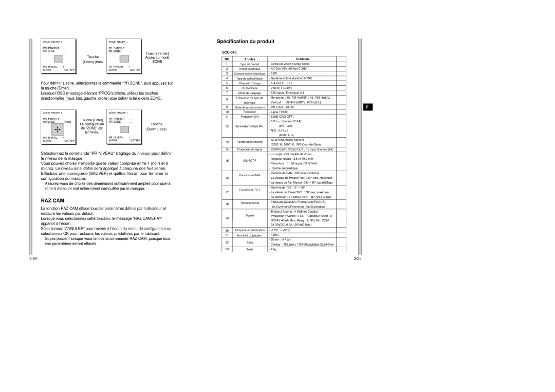 Samsung SCC-643AP manual Spécification du produit, Raz Cam, Touche Down bas 