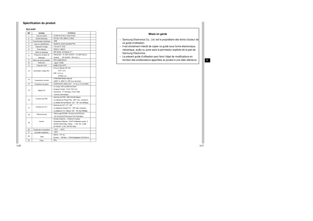 Samsung SCC-643AP manual Mises en garde 