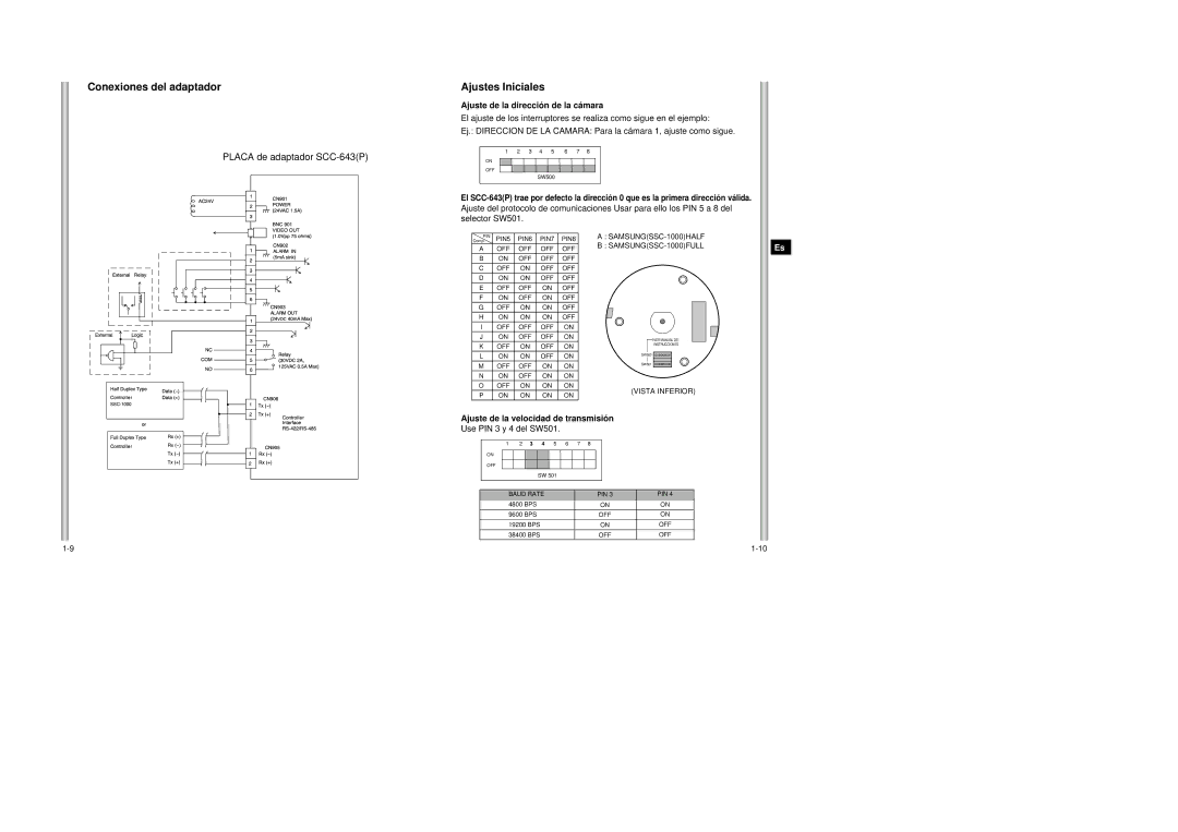 Samsung SCC-643AP manual Conexiones del adaptador, Ajustes Iniciales, Use PIN 3 y 4 del SW501 