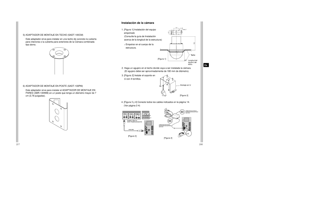 Samsung SCC-643AP manual Instalación de la cámara, Adaptador DE Montaje EN Techo SADT-100CM, Anclaje en U 