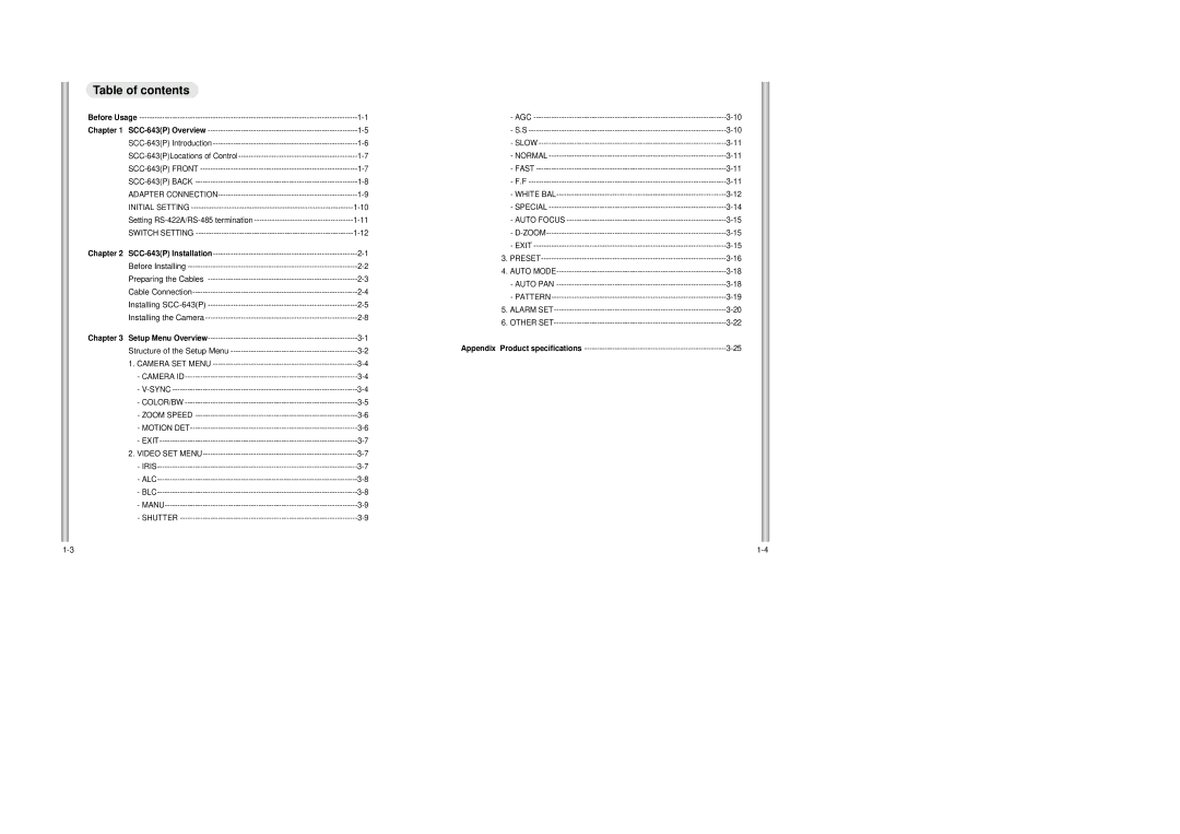 Samsung SCC-643P, SCC-643AP manual Table of contents 