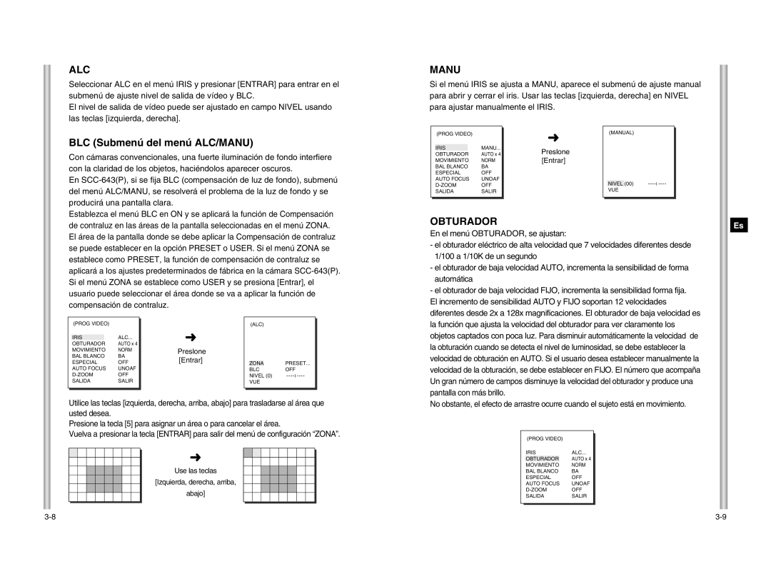 Samsung SCC-643P manual BLC Submenú del menú ALC/MANU, Obturador 