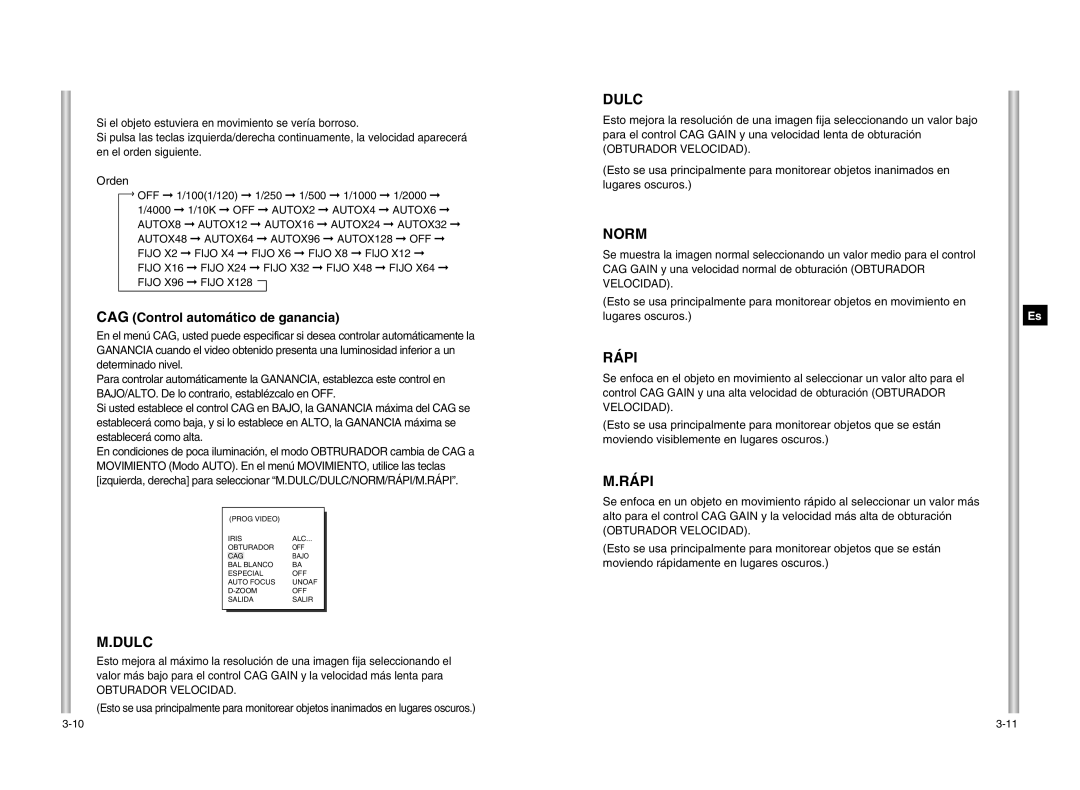 Samsung SCC-643P manual Dulc, Rápi, CAG Control automático de ganancia, Obturador Velocidad 