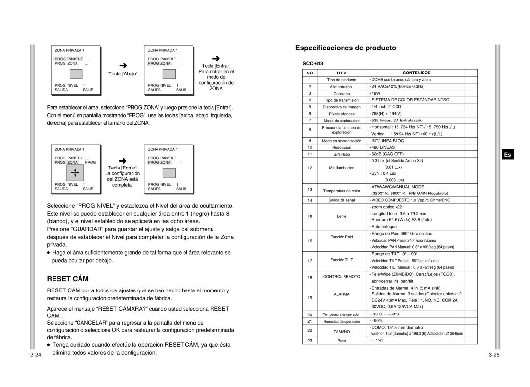 Samsung SCC-643P manual Especificaciones de producto, Reset CÁM, Tecla Abajo 