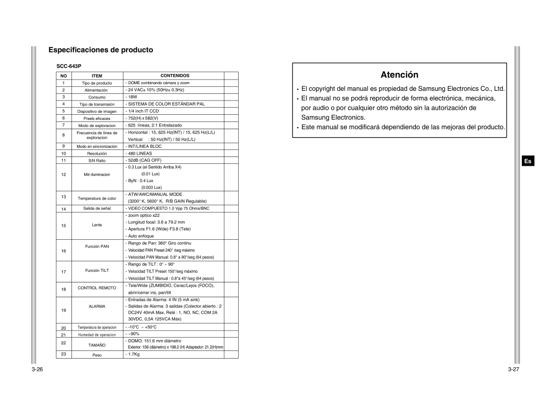 Samsung SCC-643P manual Atención, Sistema DE Color Estándar PAL 