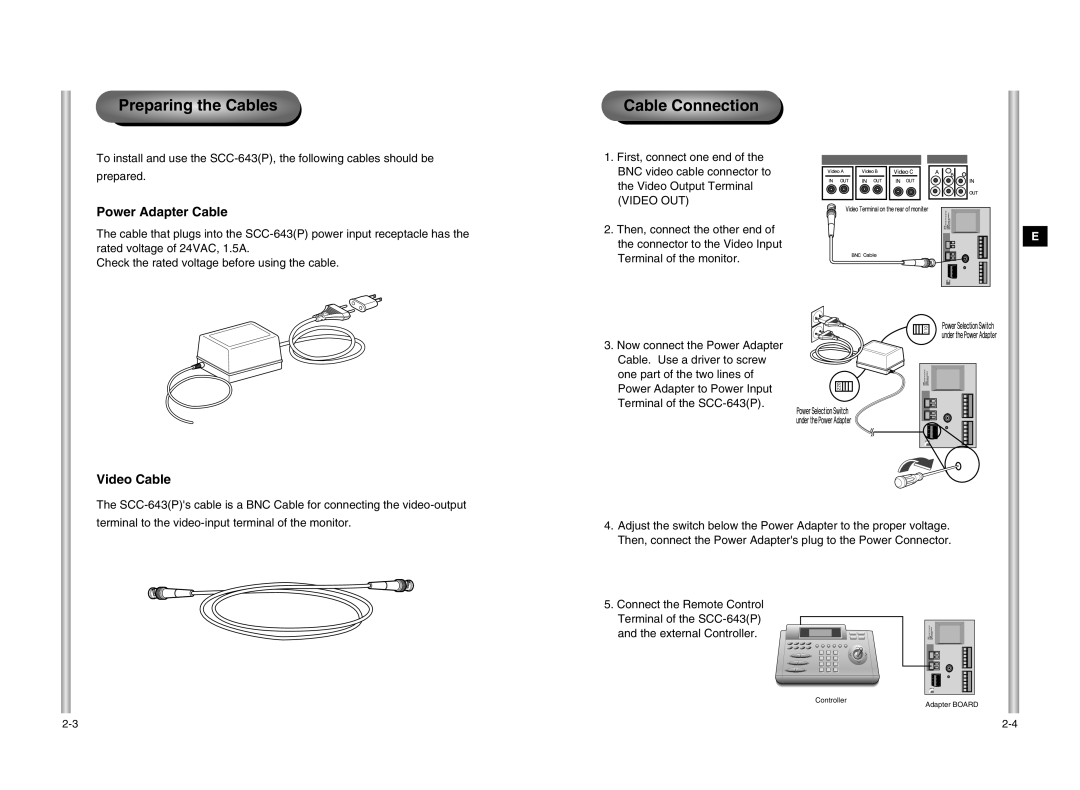 Samsung SCC-643P manual Preparing the Cables, Cable Connection, Power Adapter Cable, Video Cable 