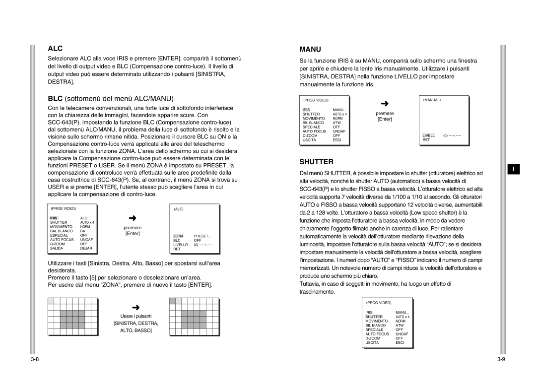 Samsung SCC-643P manual BLC sottomenù del menù ALC/MANU, Usare i pulsanti 