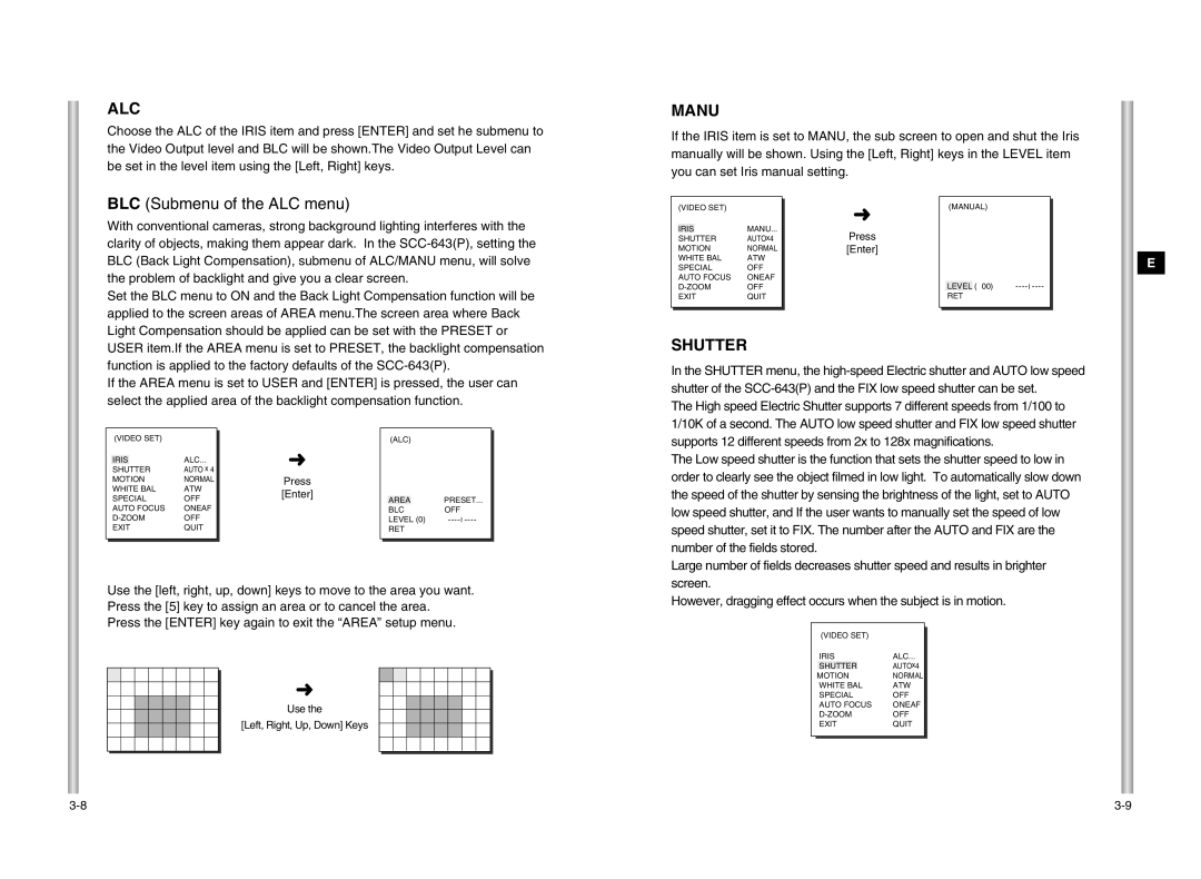 Samsung SCC-643P manual Alc, Manu, Shutter, Use Left, Right, Up, Down Keys 