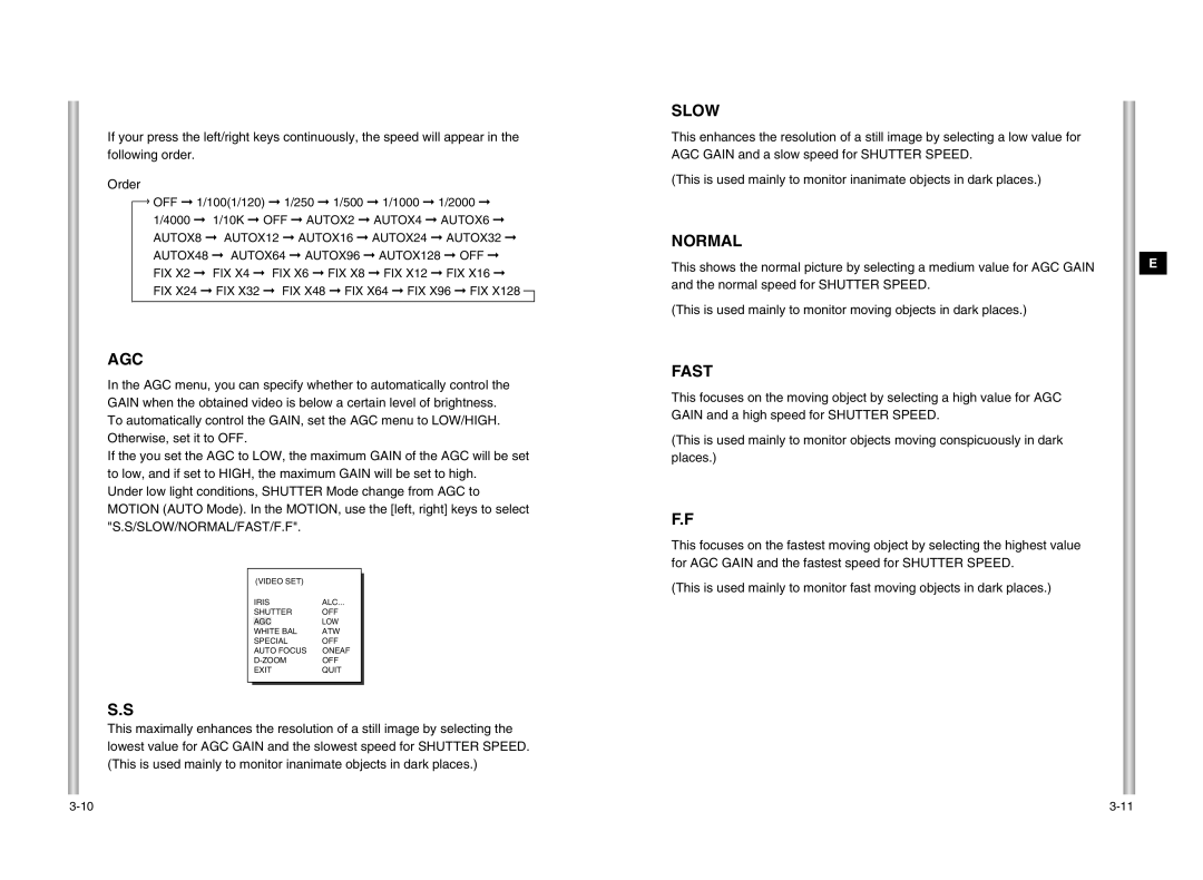 Samsung SCC-643P manual Agc, Slow, Normal, Fast 